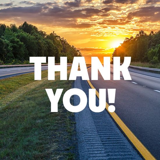 Thank You to Our 2026 Sponsors; A vibrant sunrise over a highway bordered by trees, with "THANK YOU!" in bold white letters. The scene feels calm and grateful.
