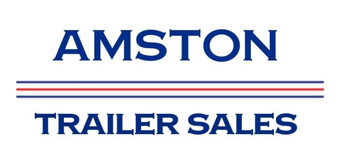 The image features a logo for "Amston Trailer Sales." Bold blue text with "Amston" on top and "Trailer Sales" below. A red and blue striped line separates the words.