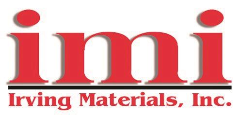 A red and black logo with large lowercase letters "imi" with a black line underneath and smaller red words underneath that that say "Irving Materials, Inc."