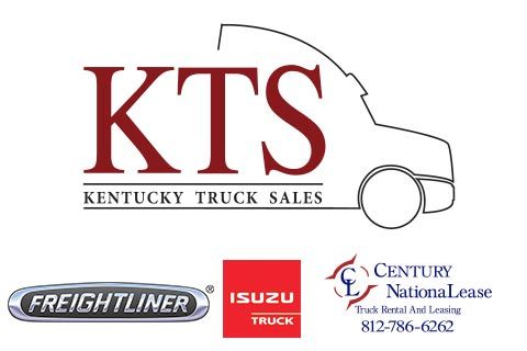 Logo for Kentucky Truck Sales featuring a truck outline and "KTS" initials. Includes Freightliner, Isuzu, and Century NationalLease logos below.