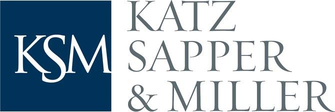 Blue square with "KSM" in white on the left; "Katz Sapper & Miller" in gray serif font stacked vertically to the right. Professional and corporate tone.