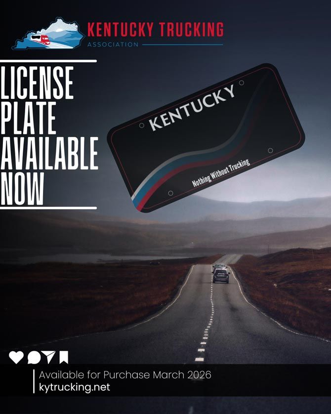 Kentucky Trucking license plate ad. Plate with red, white, and blue stripes; text: "License plate available now." A scenic road under cloudy sky.