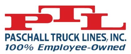 Logo of Paschall Truck Lines, Inc. Features bold red "PTL" letters above blue text stating "100% Employee-Owned," conveying ownership pride.