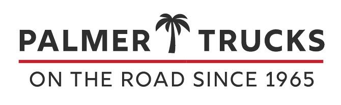 Logo of Palmer Trucks with a stylized palm tree between the words "Palmer" and "Trucks." Below, text reads "On the Road Since 1965" with a red underline.