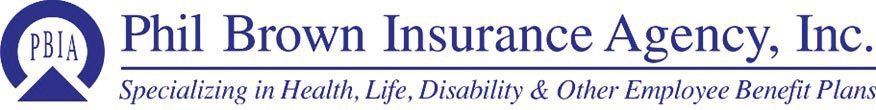 A long blue logo with a circle with a triangle at the bottom with letters inside the circle "PBIA" and to the right of that larger words "Phil Brown Insurance Agency. Inc" with a line and smaller words underneath that that say "Specializing in health, life, disability & other employee benefit plans"