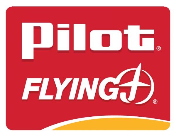 Red and white Pilot Flying J logo with bold text. A stylized airplane forms part of the letter "G." Logo conveys travel and energy.