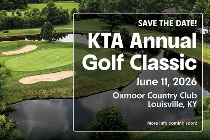 Alt text: "Save the Date for KTA Annual Golf Classic on June 11, 2026, at Oxmoor Country Club, Louisville, KY. Golf course with lush green and water features in background."