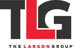 A black and red logo with a large black letter "T" then a red large letter "L" then a large black letter "G" and underneath in smaller letters with the same black, red, black sequence the words "The larson group"