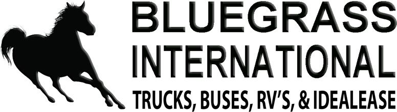 Silhouette of a galloping horse beside bold text reading "Bluegrass International Trucks, Buses, RV's, & Idealease," conveying strength and motion.