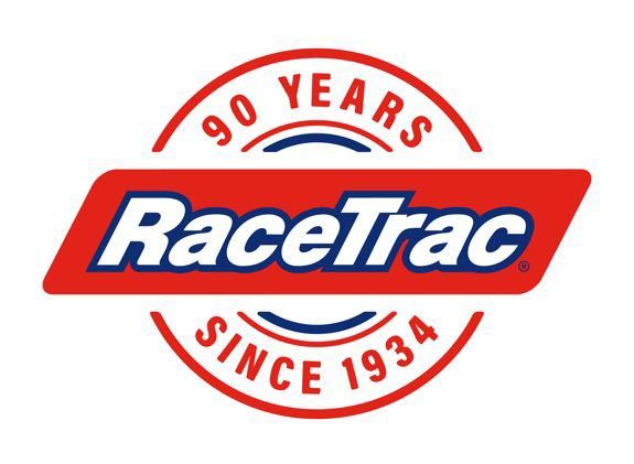 Logo for RaceTrac celebrating 90 years since 1934. Features "RaceTrac" in bold white on red, encircled by text in red on white background.